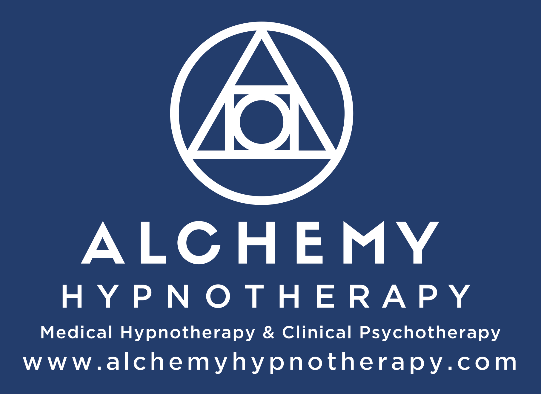 This is a picture of the Alchemy Hypnotherapy logo, white on blue background.